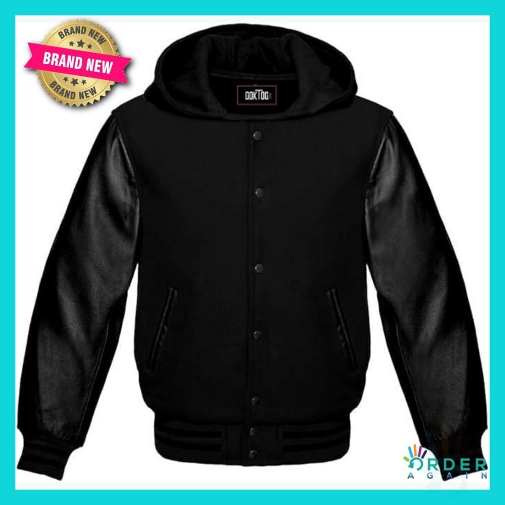 Varsity Bomber Jacket Wool Body Leather Sleeves Hooded Retro Letterman Style